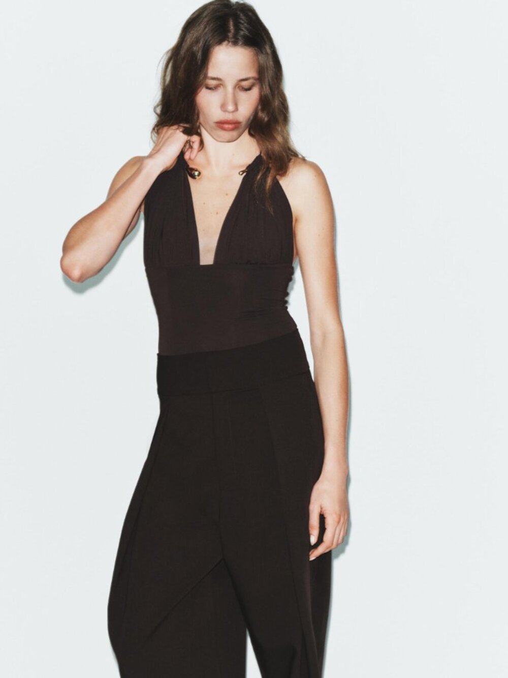 ✨ Zara Dark Brown Choker Bodysuit Gold Metal Necklace Detail NWT Size S ✨